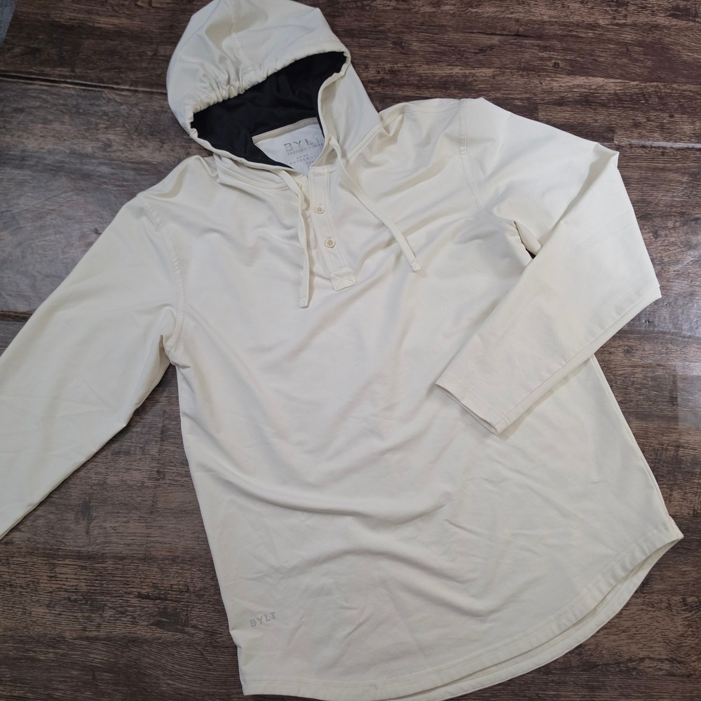 BYLT Drop Cut Hooded Henley Mens Medium Cream Lux Long Sleeve Hoodie